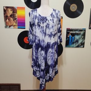Pams | Free Size Blue & White Tie-Dye Boho Dress